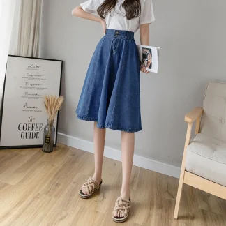 Elastic Waist Midi Denim Skirt