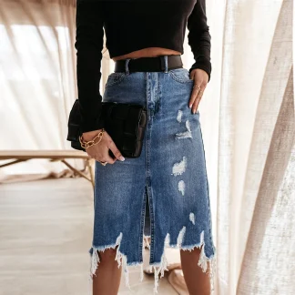 Distressed Midi Denim Skirt