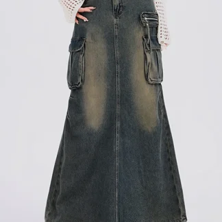 Retro Dark Faded Denim Skirt