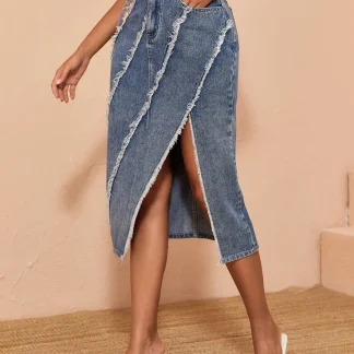 Slanted Fringe Decor Denim Skirt