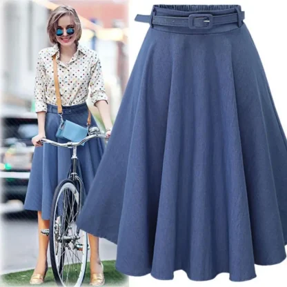 Belted Waist A-line Denim Skirt - Image 2