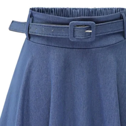 Belted Waist A-line Denim Skirt - Image 3