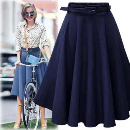 Belted Waist A-line Denim Skirt - Image 7